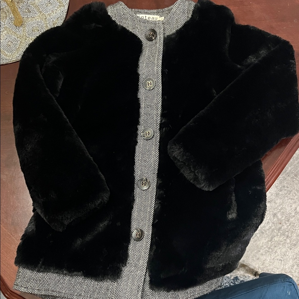 Girls Monteau Faux Fur Jacket Size 14 Black Herringbone Trim Tie Back